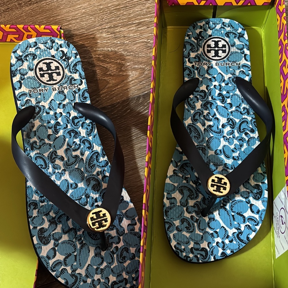 Sold!! Tory Burch Black and Blue Patterned Flip Flops
